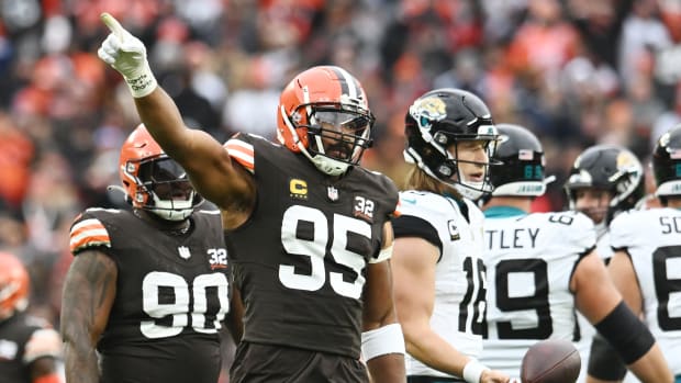 Dec 10, 2023; Cleveland, Ohio, USA; Cleveland Browns defensive end Myles Garrett (95) celebrates after the Jacksonville Jaguars were called for a penalty during the first quarter at Cleveland Browns Stadium.
